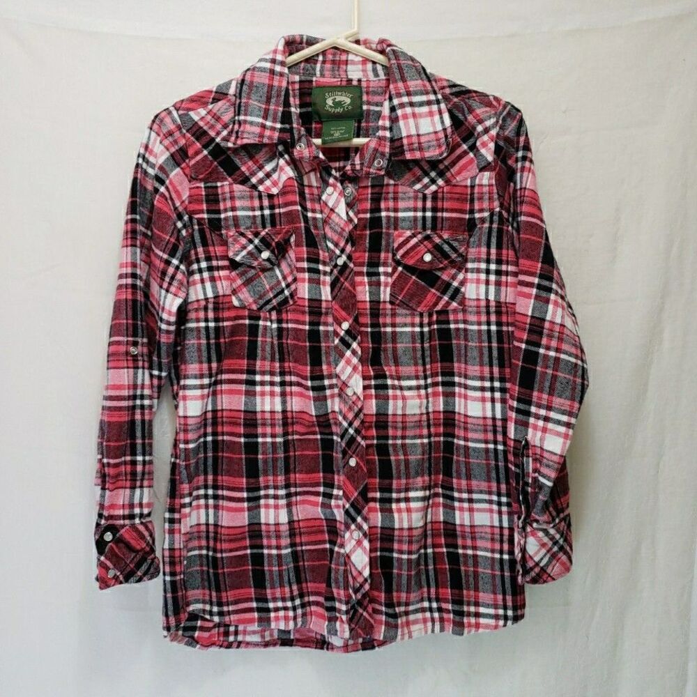 Stillwater Supply Co Med M Red Pink Black Plaid Pearl Snap Western Flannel Shirt